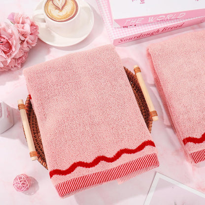Whaline Pink Red Scalloped Hand Towels Decorative Towel 2 Pack Print Cotton Bathroom Towel for Kitchen Drying Cleaning, 29.5 x 13.7 Inch