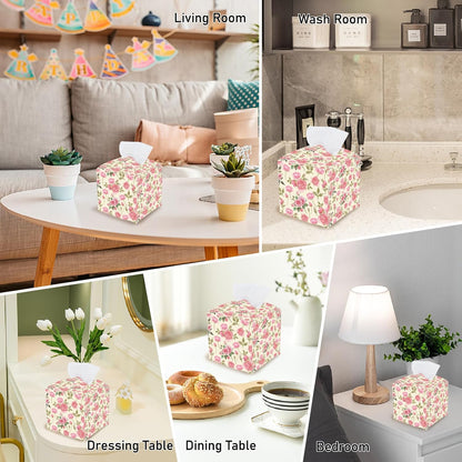 Pink Floral Tissue Box Cover Square Leather Flower Tissue Box Holder Rose Leaves Waterproof Facial Paper Organizer Dispenser for Bathroom Bedroom Kitchen Vanity Home Car Desk Countertop
