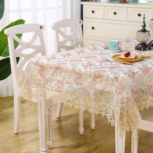 Lace Tablecloth Pink Floral Embroidered Lace Table cloth Decor Macrame Crochet Rose Tablecloth Vintage Rectangle Shabby ChicTable Cover for Dining Kitchen Summer Outdoor Holiday Birthday Party Spring
