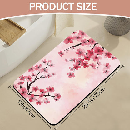 Pink Flower Bath Mat,Cherry Blossom Diatomaceous Earth Bath Mat,Rubber Backing Quick Dry Absorbent Washable Bathroom Rugs for Tub Non Slip 17"x29.5"