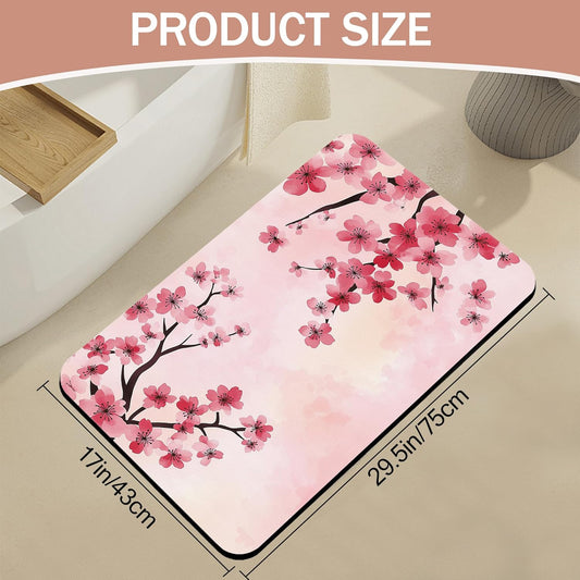 Pink Flower Bath Mat,Cherry Blossom Diatomaceous Earth Bath Mat,Rubber Backing Quick Dry Absorbent Washable Bathroom Rugs for Tub Non Slip 17"x29.5"