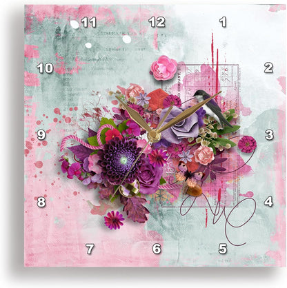 3dRose Wall Clock Silent - 10 inch - Image of Bird in Flower Garden, Butterfly, Pink, Purple, Blue, Coral - Bird Design