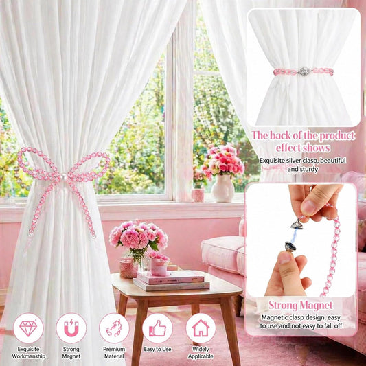 Novabright 2 Pack Pink Crystal Bow Magnetic Curtain Tiebacks Beaded Magnetic Decorative Curtain Holders and Holdback Clips No Drill Beaded Drapery Holdbacks for Bedroom & Coquette Room Decor