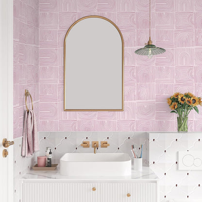 VEELIKE Pink Geometric Peel and Stick Wallpaper Boho Geometric Wallpaper for Bathroom Bedroom 17.7''x118'' Abstract Art Deco Wallpaper Removable Prepasted Pink Contact Paper for Cabinets Drawers