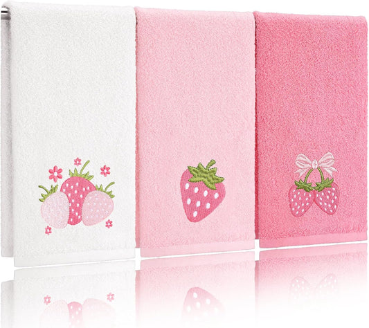 Tingjoo 3 Pcs Strawberry Hand Towels 14x29 Inch Spring Summer Bathroom Decor Farmhouse Pink Strawberry Cotton Embroidered Soft Absorbent Bathroom Decor Towels for Kitchen