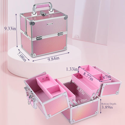 Frenessa Makeup Case Makeup Box Cosmetic Organizer Case Portable Make Up Artist Travel Case Storage Box 4 Trays with Dividers Lockable Hard Train Case Nail Tech Supply Storage Mermaid Pink