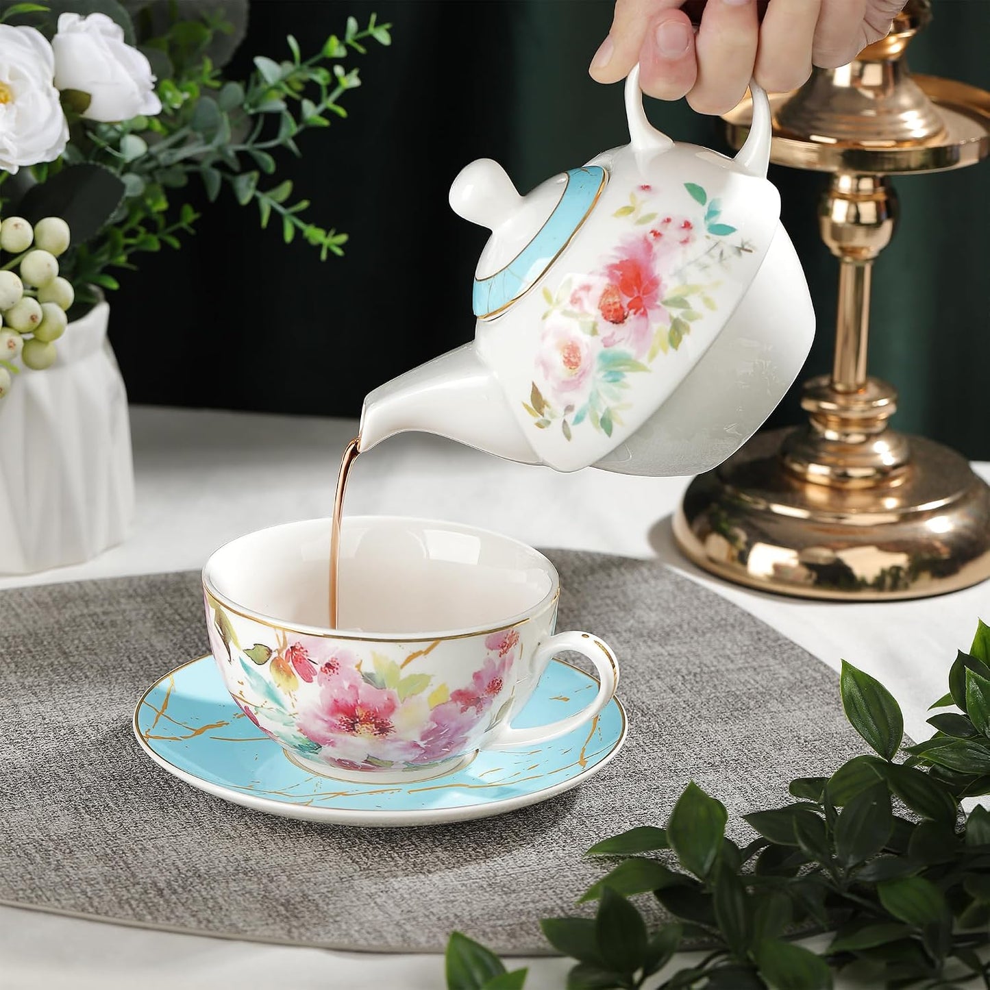fanquare Pink Floral Teapot, Tea Cup and Saucer Set with Gold Trim, Porcelain Tea for One Tea Set for Gift, Blue