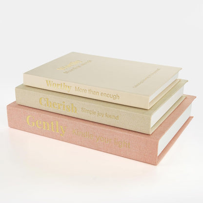 Decorative Books for Home Decor, Set of 3 Faux Books with Hidden Storage, Linen Fake Book Box for Coffee Table Bookshelf Decor (Dusty pink-oatmeal-beige)