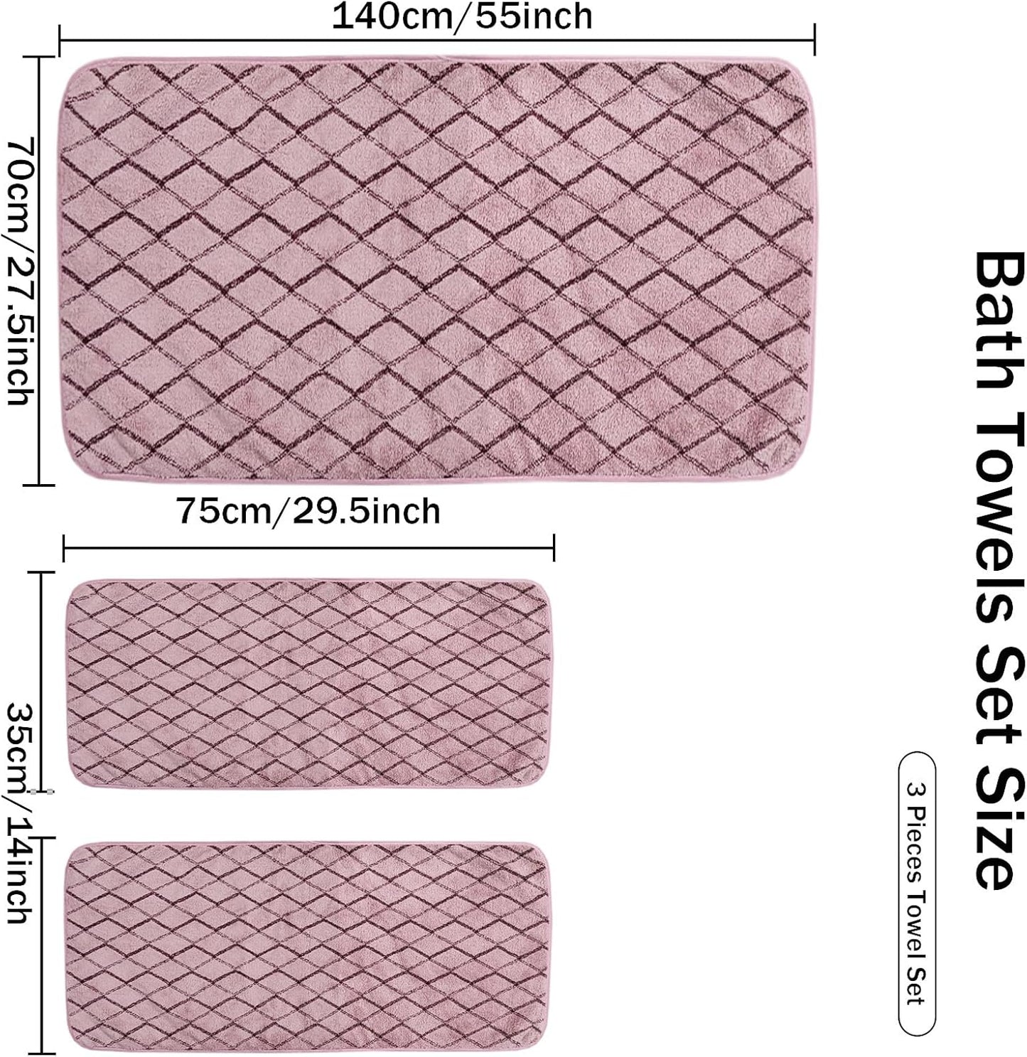 USTIDE 3-Piece Towel Set Bath and Hand Towels, Pink Checkered Print, Coral Fleece, Super Absorbent & Quick-Drying for Bathroom, Gym, Guest Use (1 Bath Sheet + 2 Hand Towels)