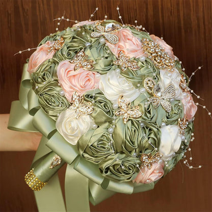 Handmade Rhinestone Bridal Bouquet for Wedding Round Tossing Bouquet Artificial Flower Bunch for Bride Bridesmaid (Sage+Ivory+Peach Pink, Small (Dia. 7.5"/18cm))