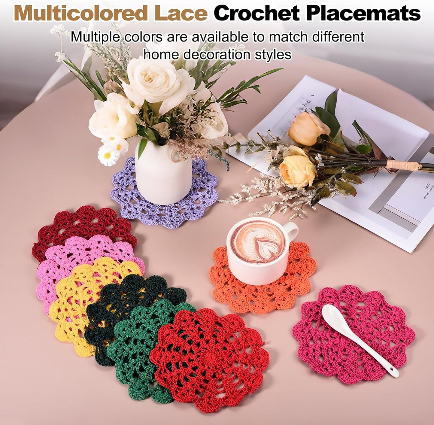 uxcell 4Pcs Crocheted Cotton Doilies, 5.5" Lace Doilies for Tables Cloth Lace Placemats Handmade Tray Doilies Round Cups Coasters for Glasses Crafts Kitchen Dining Room, Dark Pink
