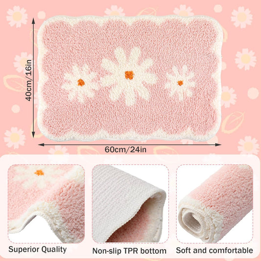 Breling Pink Daisy Bathroom Rugs Cute Scalloped Edge Flocked Bath Mat Soft Tufted White Flower Rug Non Slip Super Absorbent Machine Washable Bathtub Mats for Shower, 24 x 16 Inches