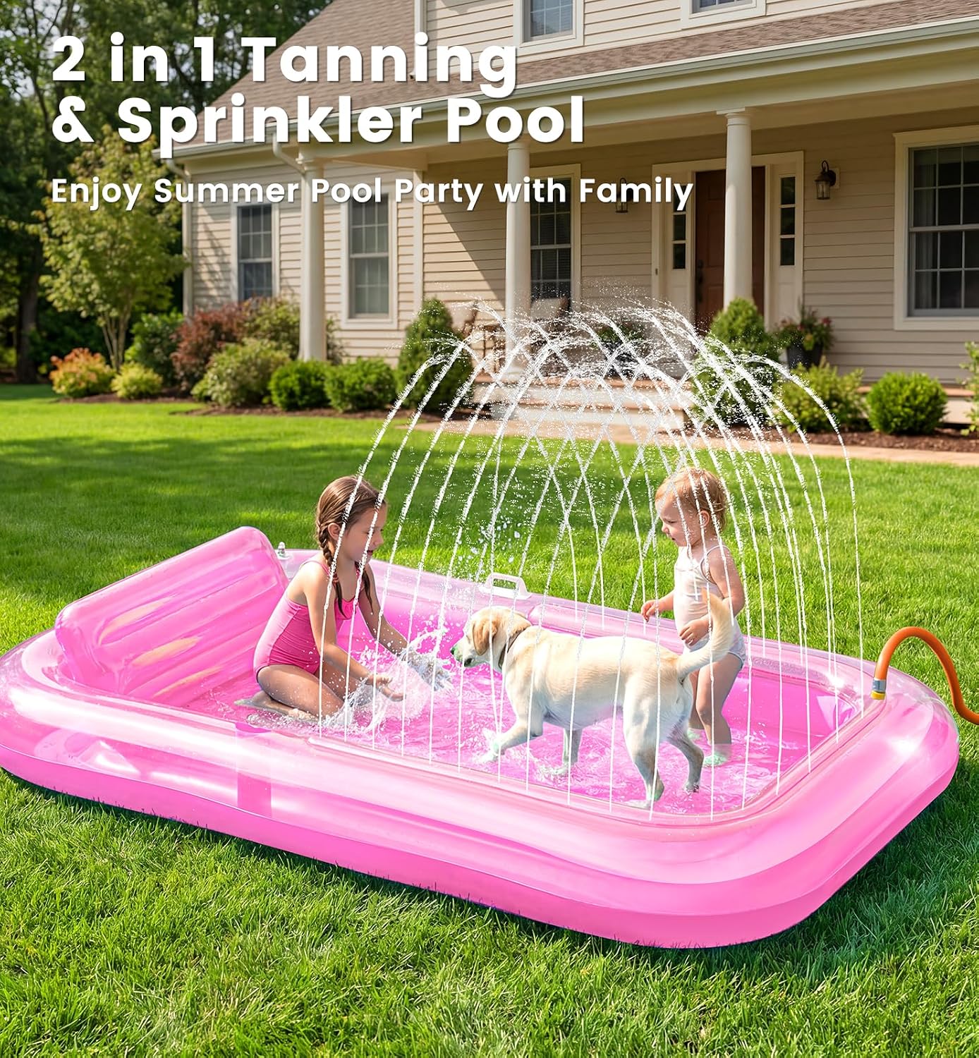 Inflatable Tanning Pool Lounger Float with Sprinkler, 77" x 48" XL Tanning Pool for Adults with Pillow & Cup Holder, 6 in 1 Suntan Tub Sunbathing Bed Pool Floats Adult for Backyard, Beach & Lake
