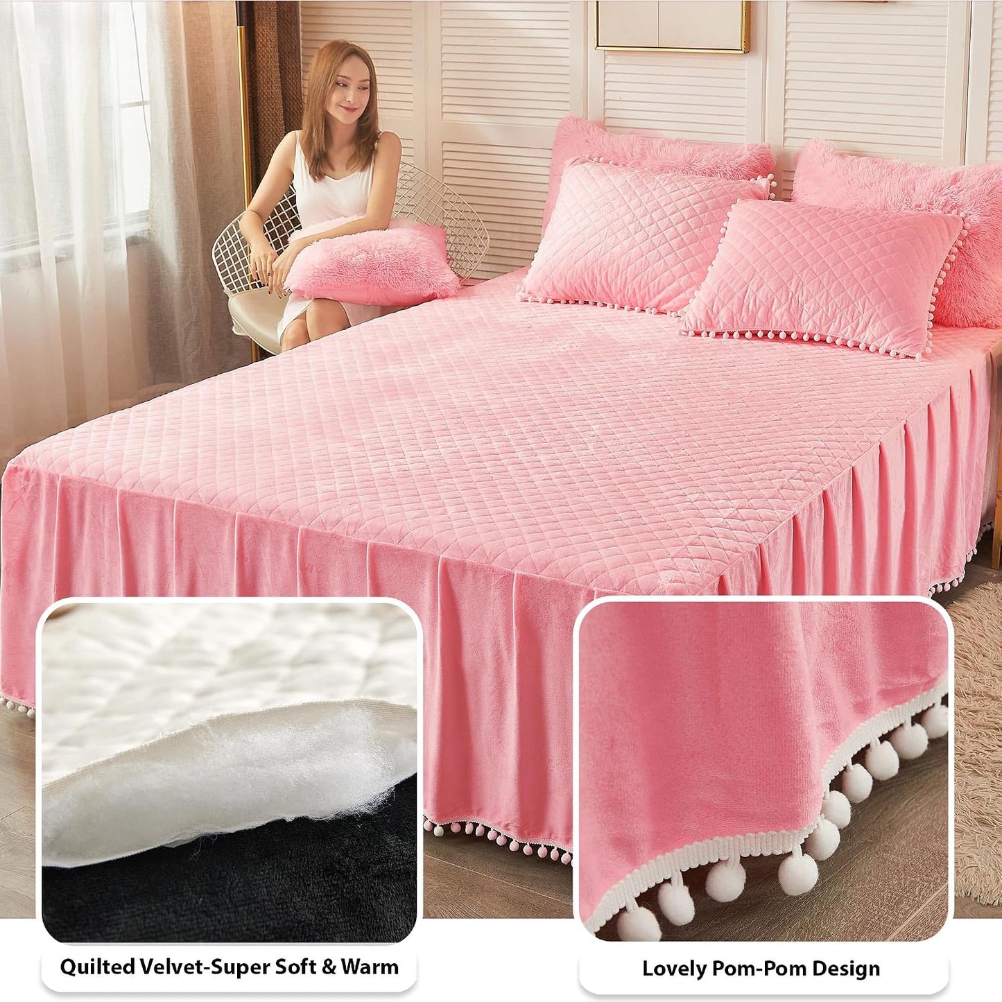 LIFEREVO Luxury Pom Poms Velvet Bed Skirt, Velvet Wrap Around Bed Skirt, Diamond Quilted Fitted Bed Sheet Bedskirt, 18 Inch Drop Dust Ruffle Decorative Bedspread Pompoms Fringe(Twin/Twin XL, Pink)