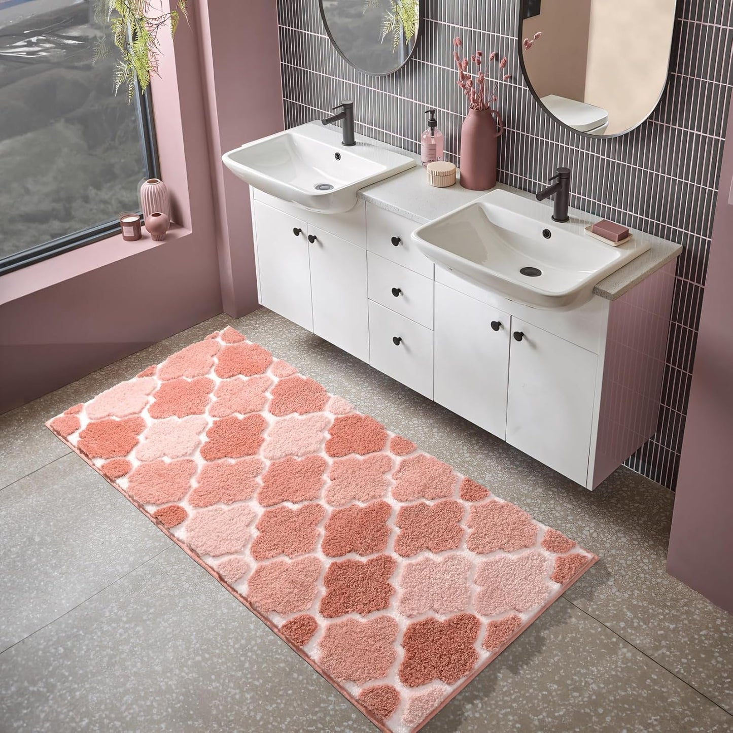 DEXDE Bathroom Rugs Runner Non-Slip, Bath Rugs Extra Absorbent Shaggy Large Bath Mat, Machine Washable Long Shower Rug for Bathroom Bedroom Hallway, 20" x 47" Pink