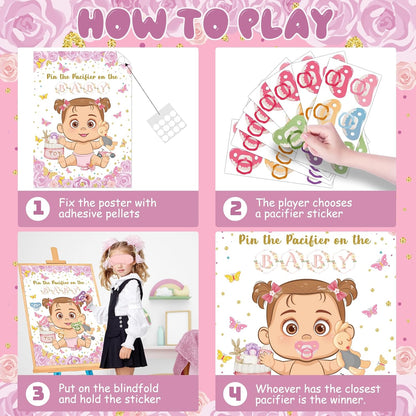 Pin The Pacifier On The Baby Game, Pink Baby Shower Decoration Pin Pacifier on Baby Poster Butterfly Theme Decor with 48 Pacifier Stickers Game for Baby Shower Party Birthday Party Supplies