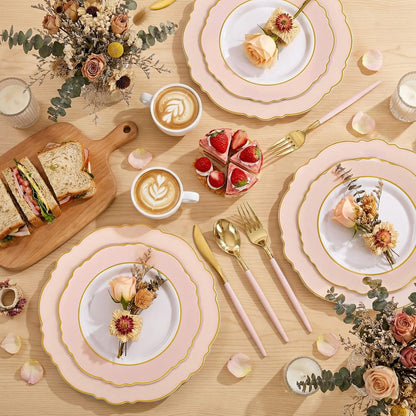 WDF 30Guest Pink Plates Disposable - Hign-end Baroque Design - Gold Plastic Silverware with Handle-Baroque Pink &Gold Plastic Dinnerware for Baby Shower/Wedding/Birthday/Party