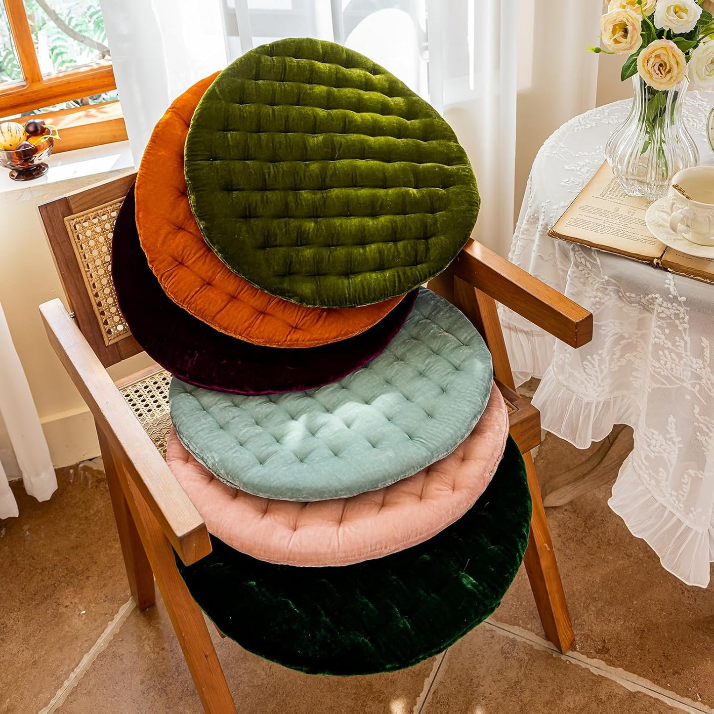 vctops Luxury Velvet Chair Pad Seat Cushion Soft and Comfy Chair Cushion Solid Color Round Seat Pad Cushion for Kitchen Dining Office Chair (Pink,17"x17")