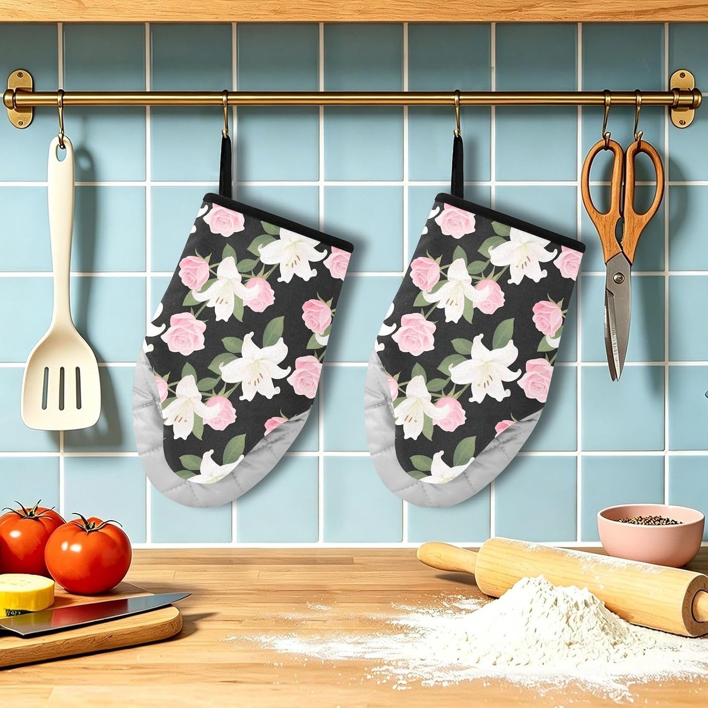 Oven Mitt 2 Pack Set Pink Roses and Lilies Flowers Kitchen Mitts Gloves for for Cooking Baking Grilling