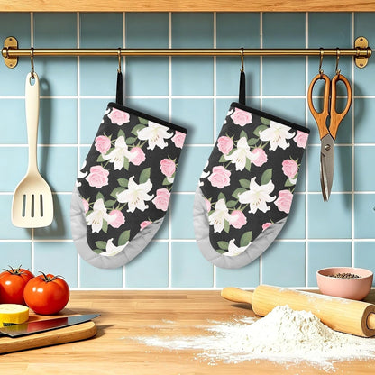 Oven Mitt 2 Pack Set Pink Roses and Lilies Flowers Kitchen Mitts Gloves for for Cooking Baking Grilling