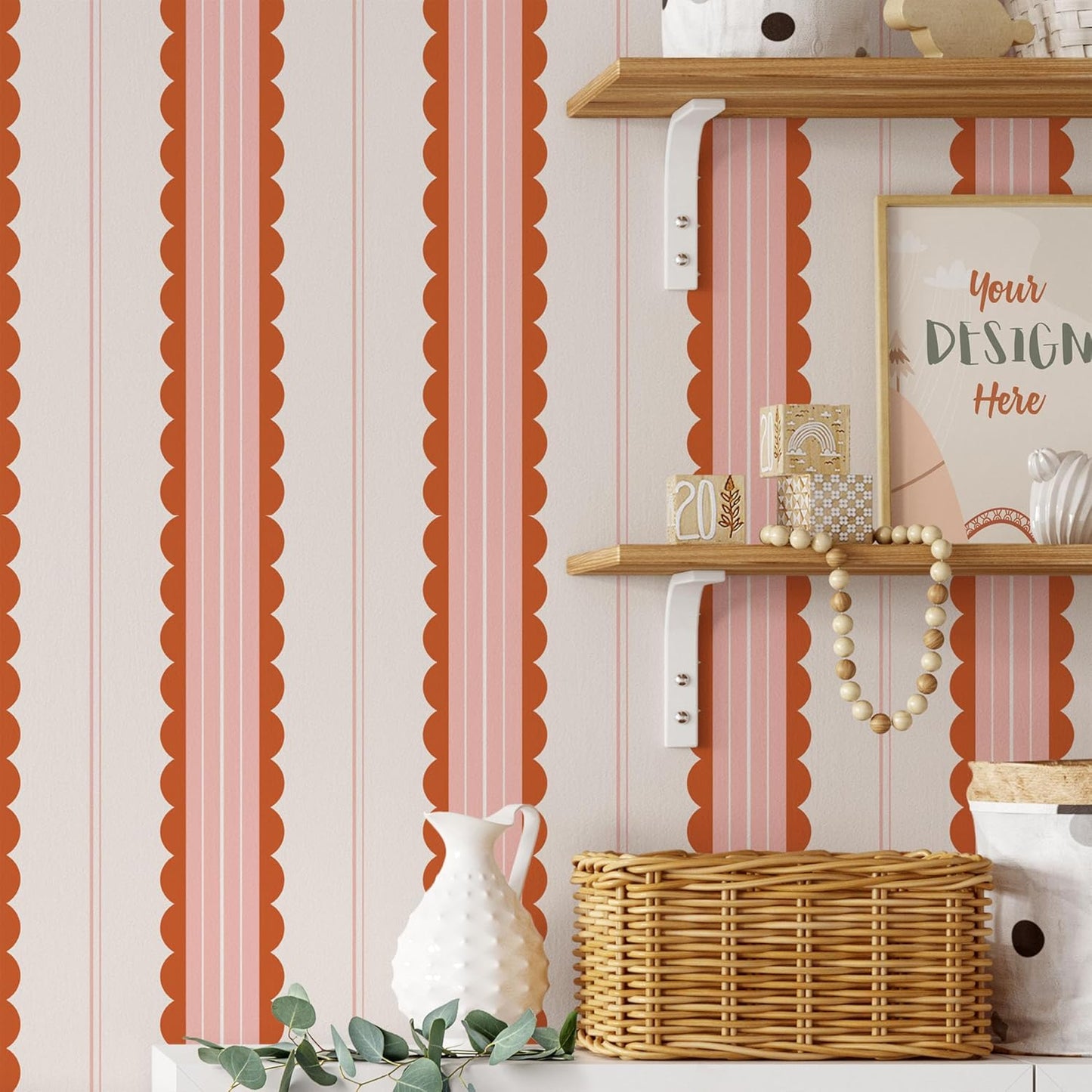 Boho Scallop Peel and Stick Wallpaper Red/Pink Striped Self Adhesive Wallpaper Removable Renter Friendly Contact Paper for Accent Walls Living Room Bedroom 17.7in x 9.8ft