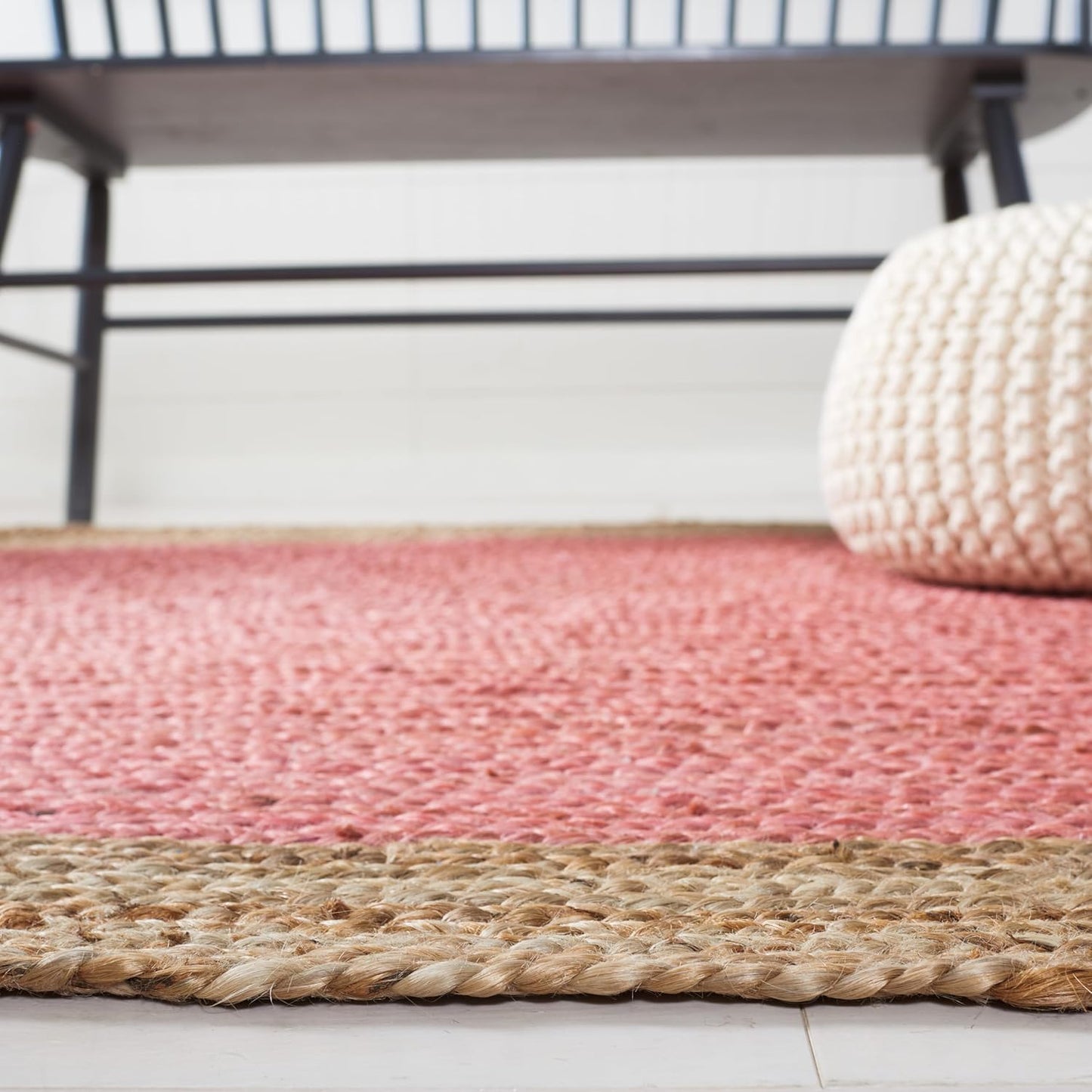 SAFAVIEH Area Rug 3' Round - Natural Fiber Collection - Pink & Natural Brown, Handmade Jute, Braided Border Design (NF801P)