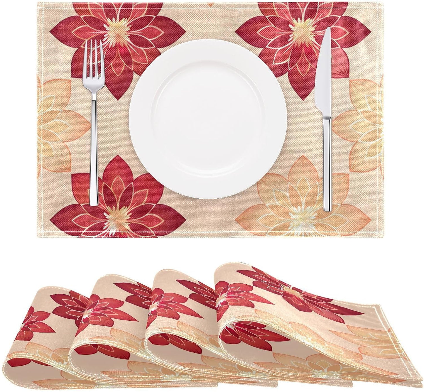 Table Placemats Set of 4 Geometric Flowers Peach Pattern Cotton Linen Cloth Washable Table Mats Heat Resistant Reusable Place Mat for Kitchen Dining 12x18 Inch