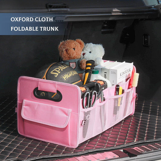 JiatuA Car Trunk Organizer, Car Organizers and Storage Collapsible Multi Compartment Container Box, Adjustable Car Accessories for SUV Sedan Truck, Standard Size, Pink