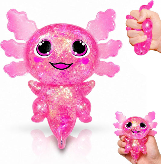 Squishy Axolotl Sugar Stress Balls Squeeze Toy for Kids, Slow Rise Squishy Axolotl Sensory Fidget Toys, Glitter Axolotl Sugar Squeeze Stress Ball Easter Basket Stuffers (Pink)