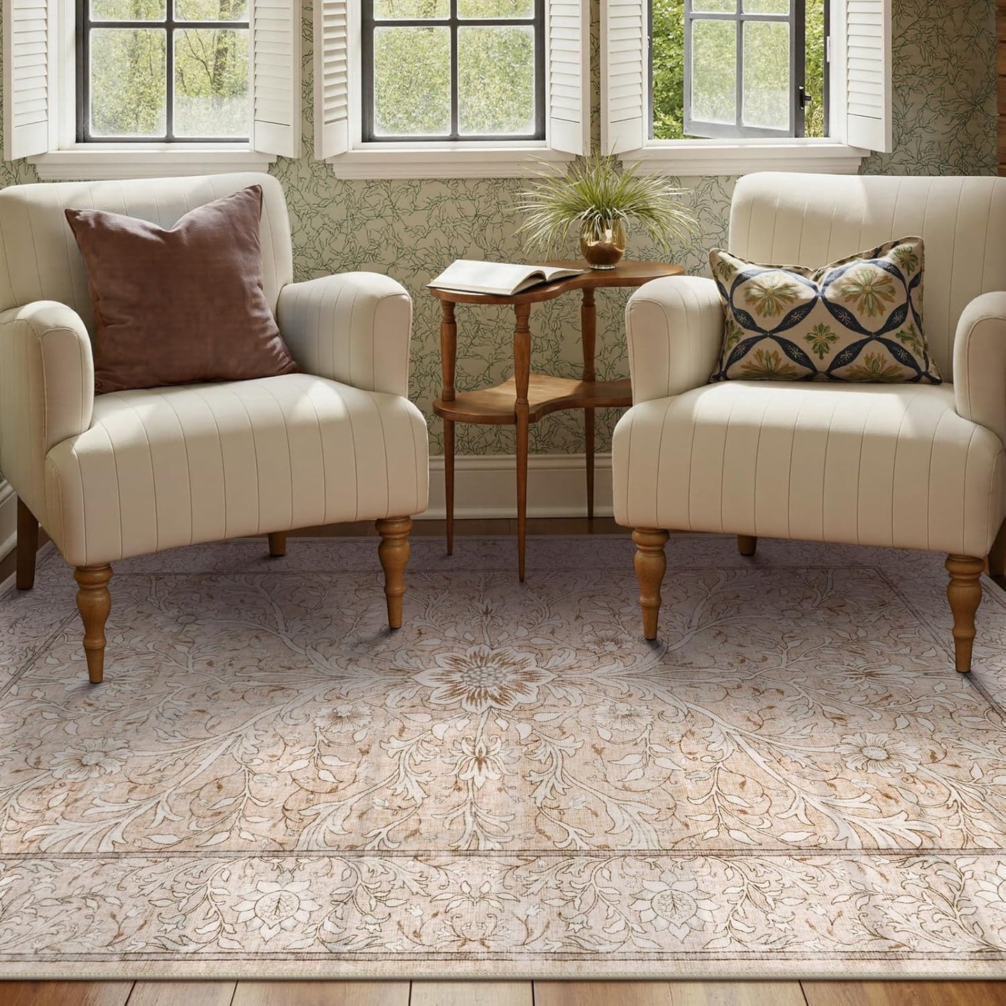 Collive 5x7 Area Rugs, Machine Washable Floral Living Room Bedroom Rug, Vintage Distressed Neutral Non Slip Low Pile Throw Carpet, Soft Retro Rugs for Dining Room Nursery Office, Pink Grey