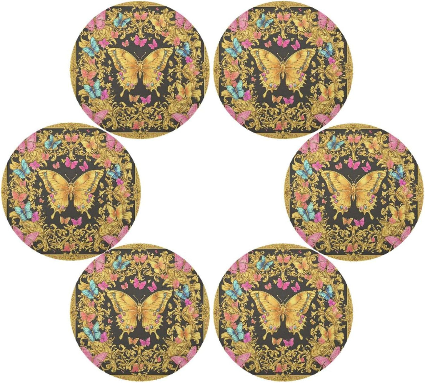 Retro Butterflies Pattern Gold and Peach Summer Round placemats Reversible Quilted placemat placemat Washable Wipe Clean placemats for Dining Table placemats Heat Resistant Waterproof Dinning