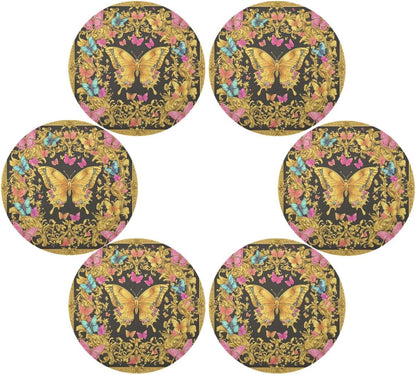 Retro Butterflies Pattern Gold and Peach Summer Round placemats Reversible Quilted placemat placemat Washable Wipe Clean placemats for Dining Table placemats Heat Resistant Waterproof Dinning