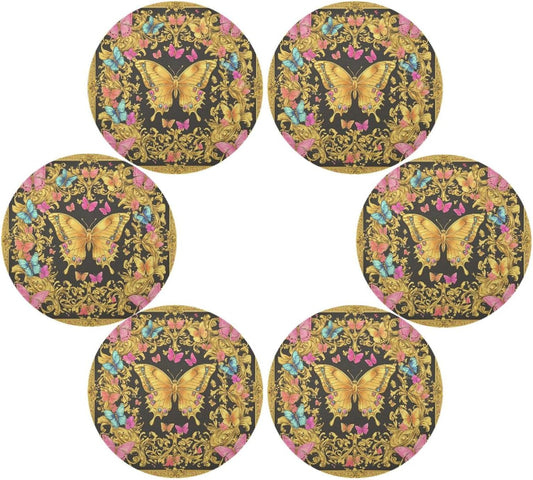 Retro Butterflies Pattern Gold and Peach Summer Round placemats Reversible Quilted placemat placemat Washable Wipe Clean placemats for Dining Table placemats Heat Resistant Waterproof Dinning