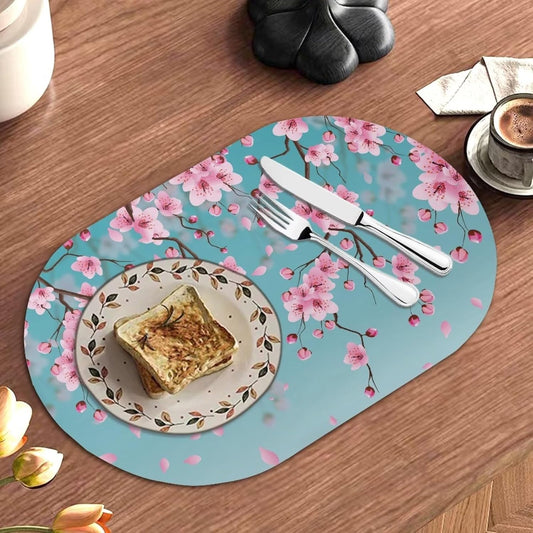 Poceacles 6 PCS Tablemats Non-Slip Oil-Proof Oval Kitchen Table Mats Heat Resistant PU Leather Table Mats for Home Farmhouse Round Table, 12 x 18 Inch, Peach Blossom