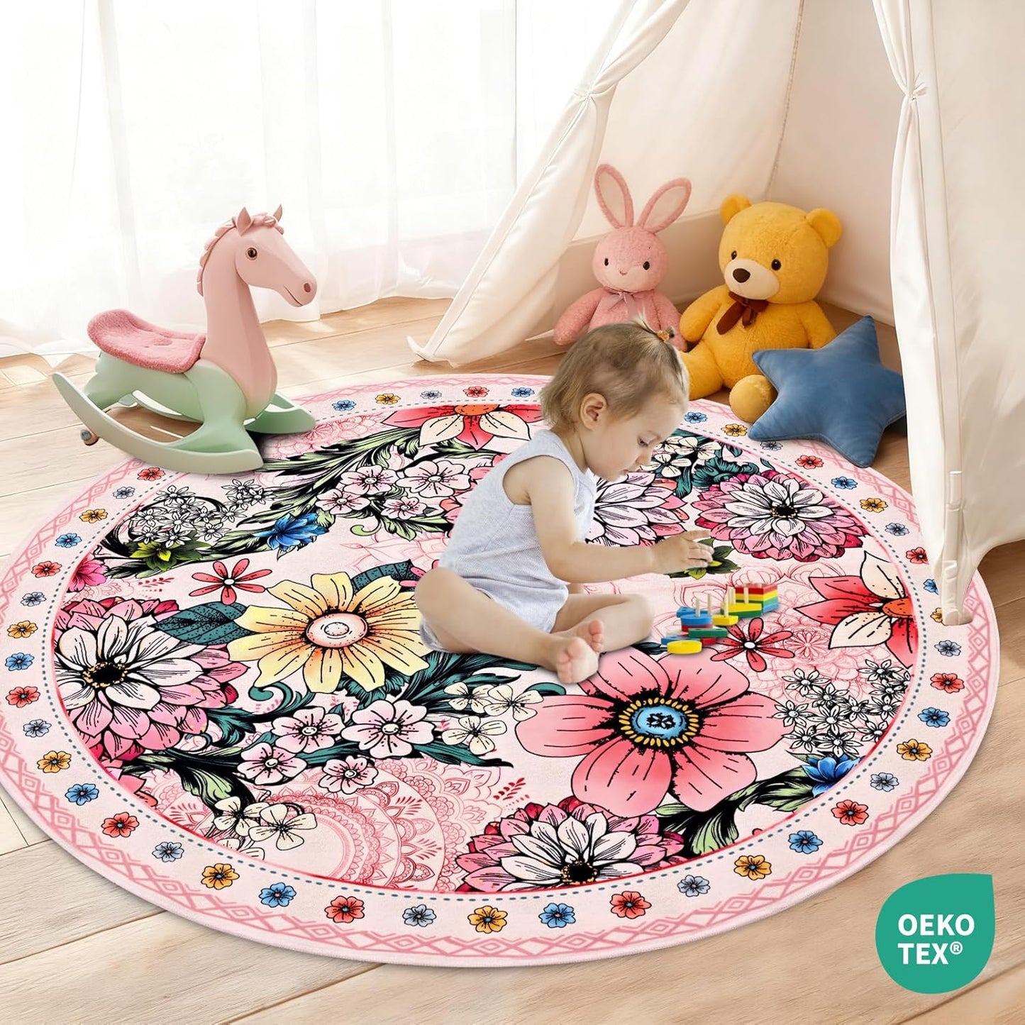 Yinhua Round Rug 4ft Rug Washable Boho Floral Rugs Non Slip, Pink Soft Circular Area Rugs Low Pile, Faux Wool Flowers Carpet for Bedroom, Entryway, Living Room, Bedroom, Dining Room, Pink