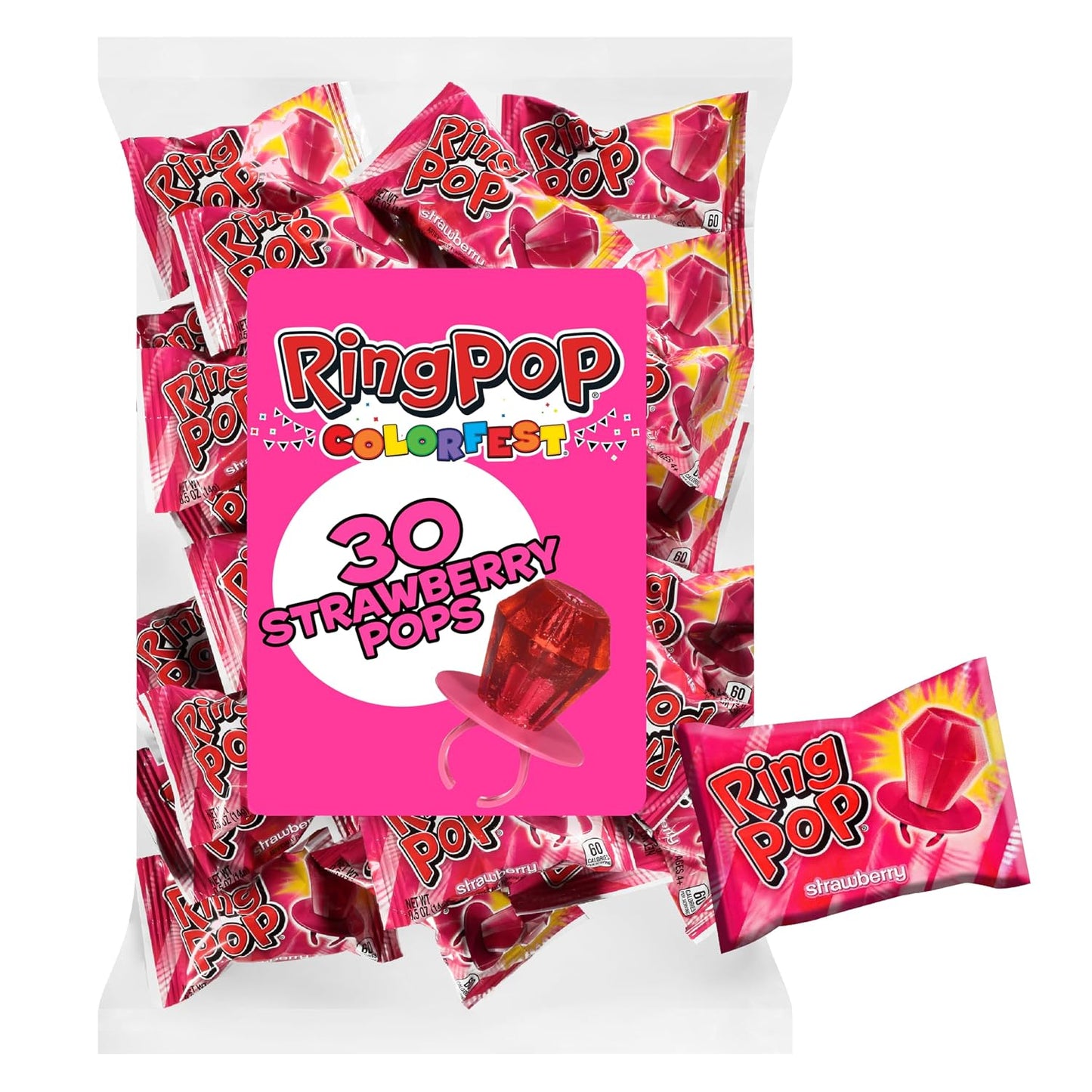Ring Pop Individually Wrapped Pink Candy, Strawberry 30 Count Lollipop Bulk Pack – Lollipop Suckers for Kids, Fun Candy Bulk for Gender Reveal, Bachelorette Party Favors, Kids Party Favors