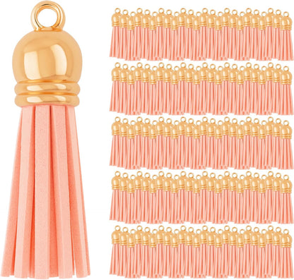 Mandala Crafts 100 Pcs Rose Gold Cap Peach Faux Suede Tassels Bulk Keychain Making Supplies - Small Leather Tassels for Charms, Jewelry Making, and DIY Crafts