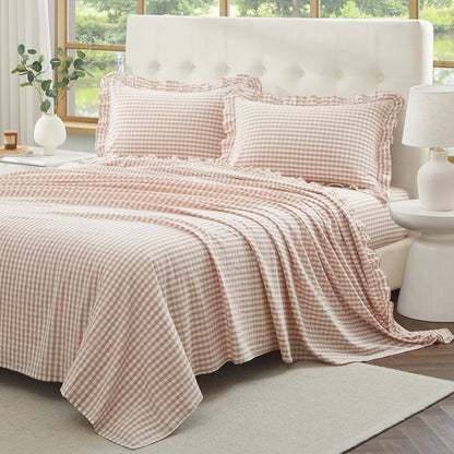 Ruffle Gingham Full Sheet Set - 4 Piece Light Pink Plaid Cotton Bed Sheets Full Size - 16 Inch Deep Pocket Checkered Ruffled Sheets Farmhouse Decor - Linen-Feel & Breathable