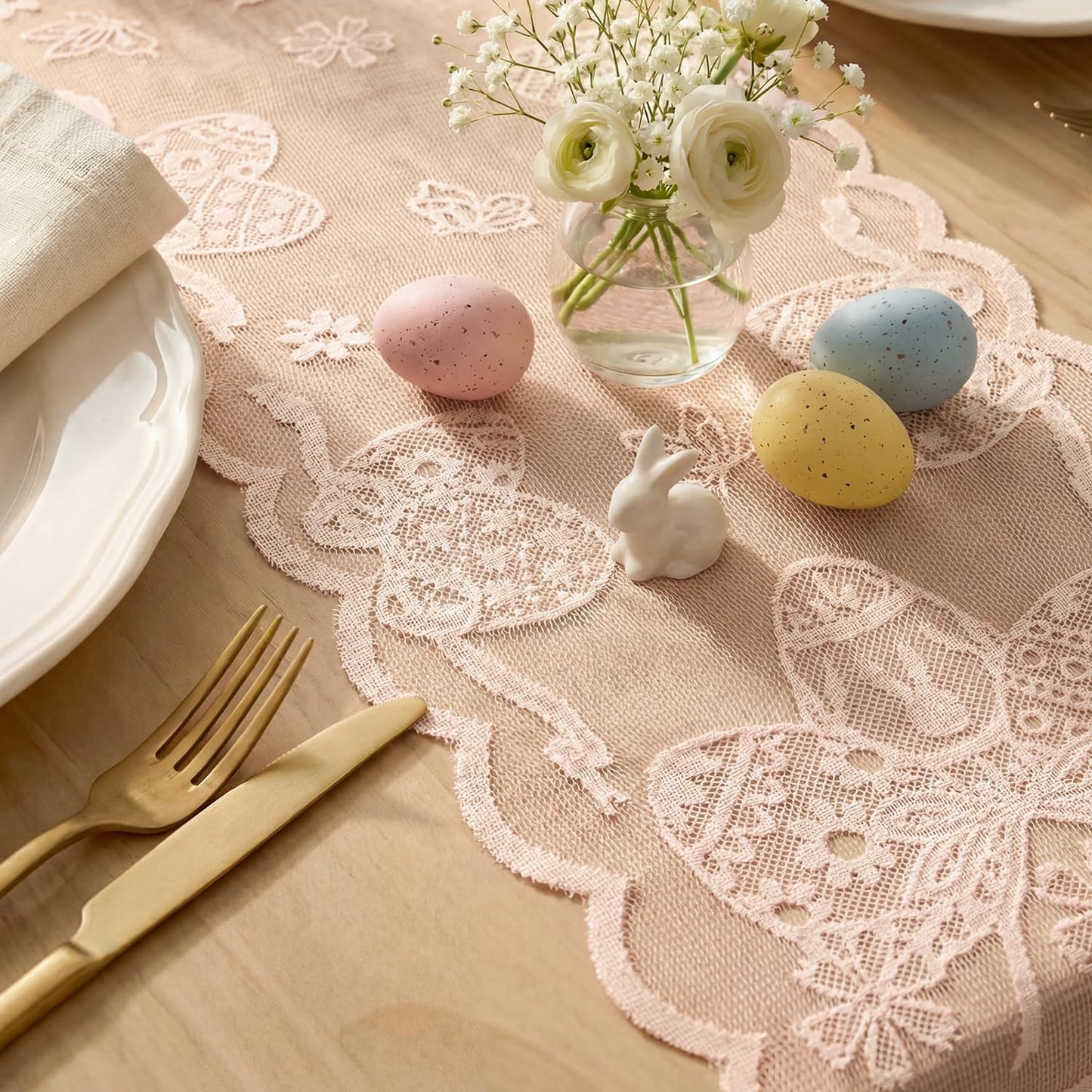 Artoid Mode Pink Lace Jacquard Egg Bowknot Easter Table Runner, Seasonal Kitchen Dining Table Decoration for Home Party Decor 13x72 Inch