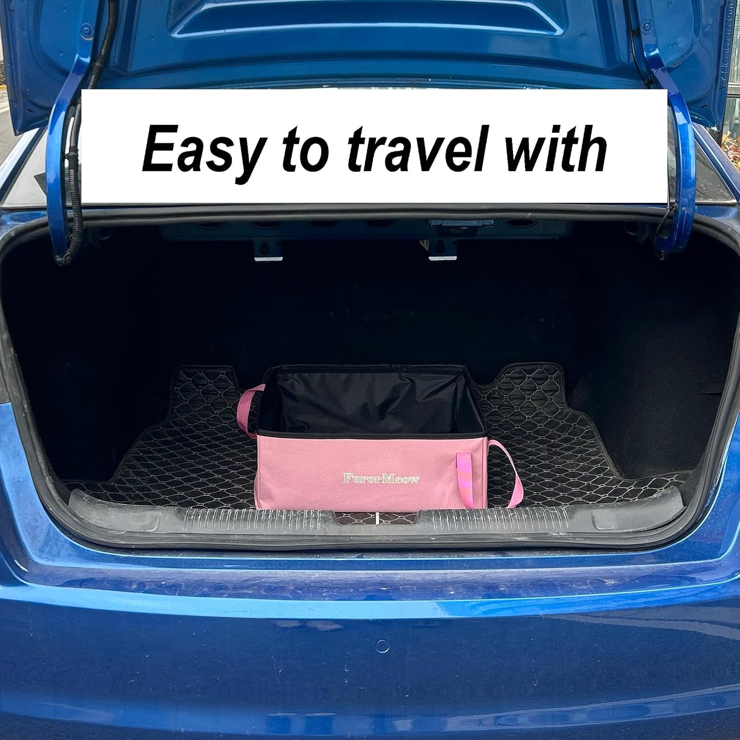 Portable Cat Litter Box, Firm Waterproof Foldable for Travelling for Cats, Including Crinkle Ball, Poop Bags, Foldable Bowl and Scoop, 16.5x16.5x6.3 inches (Pink)
