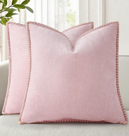 decorUhome Summer Chenille Soft Cozy Throw Pillow Covers 18x18 Set of 2, Modern Farmhouse Boho Velvet Decorative Pillow Cases with Stitched Edge for Couch Sofa Bed Home Decor, Blush Pink