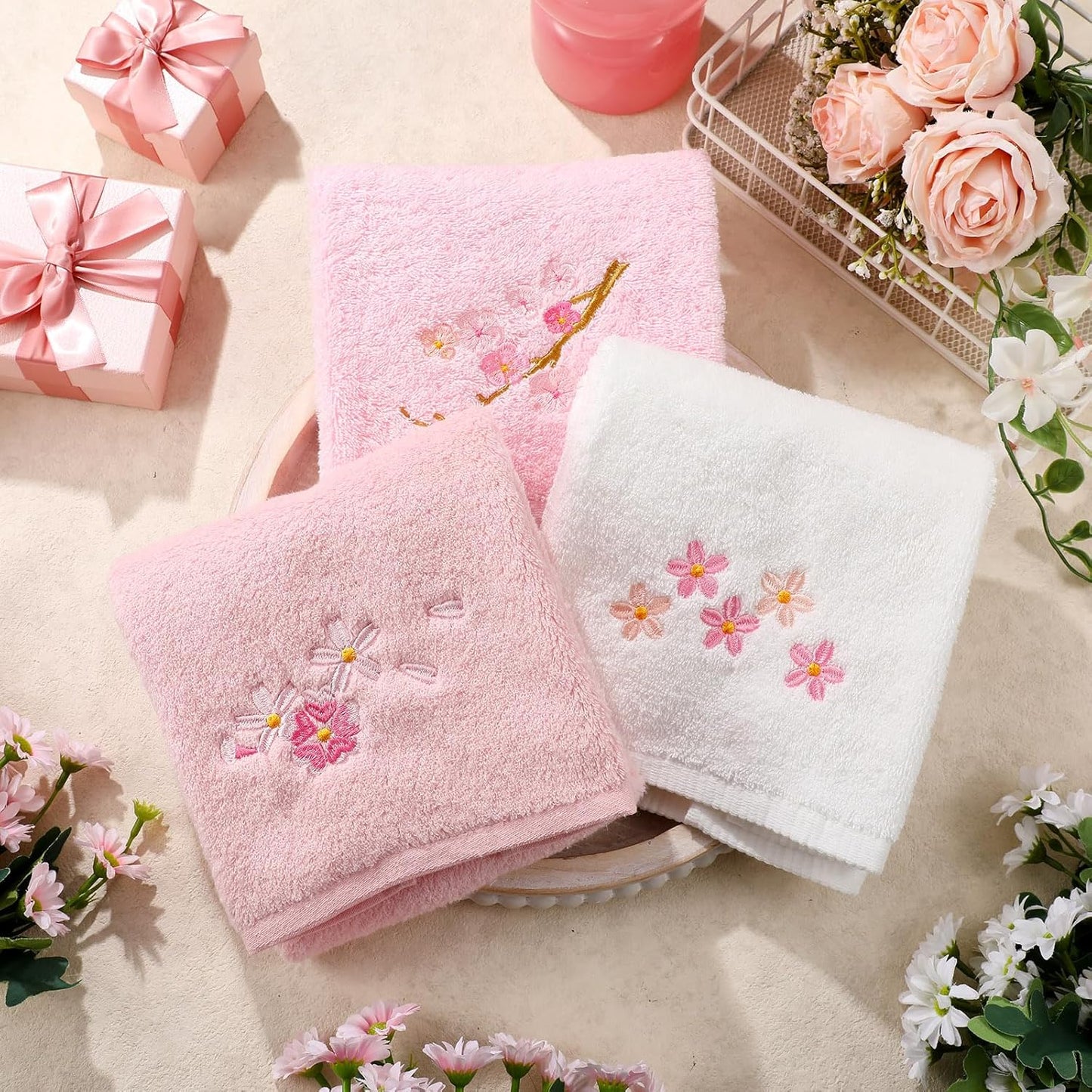 Remagr 3 Pcs Floral Hand Towels Set 100% Cotton White Pink Cherry Blossom Towel Sakura Embroidered Decorative Spring Summer Soft Absorbent Bath Towels Housewarming Gifts for Spa Guest Kitchen Bathroom