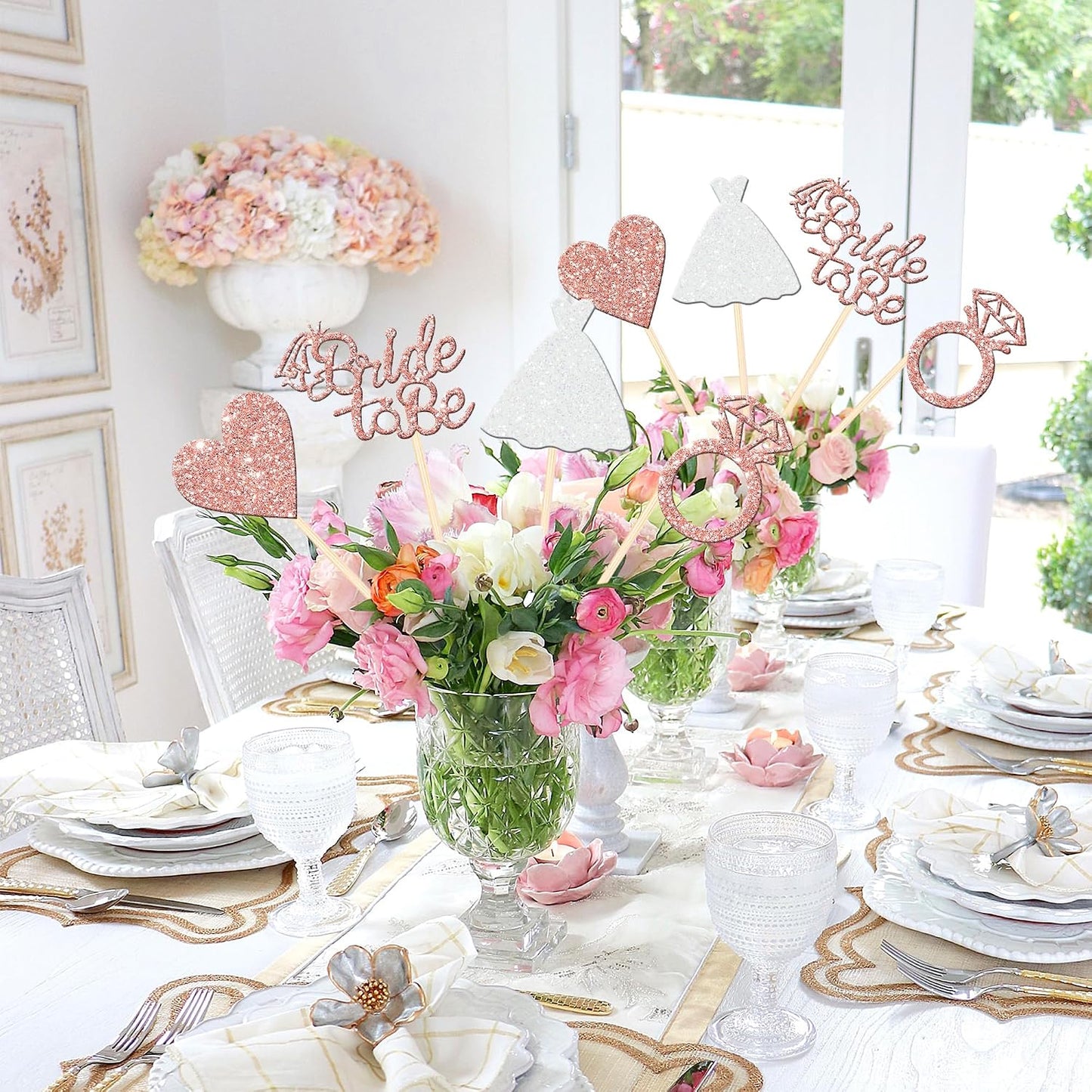 12 PCS Bride to Be Centerpiece Sticks Double Sided Glitter Heart Ring Dress Bridal Shower Table Flower Centerpieces for Wedding Engagement Bachelorette Party Flower Decorations Supplies Rose Gold