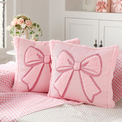 Gilprop Pink Bow Pillow Covers 18x18 Set of 2 Embroidered Coquette Preppy Room Decor Decorative Cute Faux Fur Soft Bowknot Aesthetic Pillow Cover Valentine's Pillowcase for Bed Couch Dormitories Decor