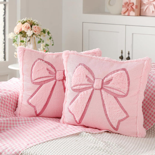 Gilprop Pink Bow Pillow Covers 18x18 Set of 2 Embroidered Coquette Preppy Room Decor Decorative Cute Faux Fur Soft Bowknot Aesthetic Pillow Cover Valentine's Pillowcase for Bed Couch Dormitories Decor