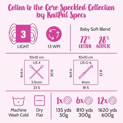 Cotton to The Core Speckled Soft Baby Yarn for Crocheting, 6-Pack (810Yds / 300G), Free Patterns - Size 3 DK Light Worsted Weight Cotton Yarn for Knitting - Light Peach