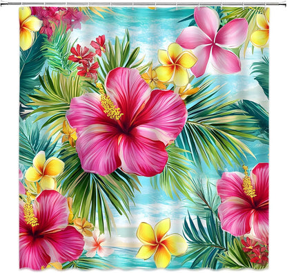 Tropical Flower Shower Curtain Blooming Pink Hibiscus Green Palm Leaf Rainforest Floral Leaves Plants Botanical Home Fabric Bathroom Decor Set Include Hooks,70" WX70 H