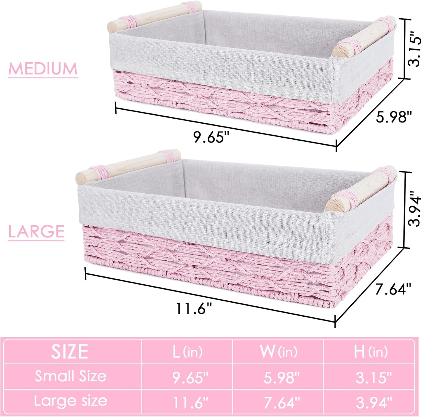 Wicker Storage Basket with Wooden Handle – Paper Rope Decorative Toilet Paper Baskets & Bathroom Organizer for Toilet Tank Top, Shelves, Bedroom, Countertop,Home,Office Storage Bins, 2 Pack,Pink