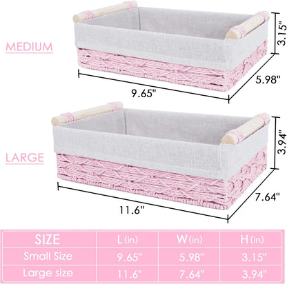 Wicker Storage Basket with Wooden Handle – Paper Rope Decorative Toilet Paper Baskets & Bathroom Organizer for Toilet Tank Top, Shelves, Bedroom, Countertop,Home,Office Storage Bins, 2 Pack,Pink