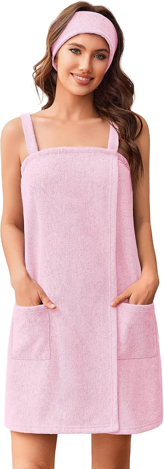 Ekouaer Towel Wrap for Women Spa Bath Robe Lightweight Terry Cloth Wrap Adjustable Shower Robe with Headband S-XL